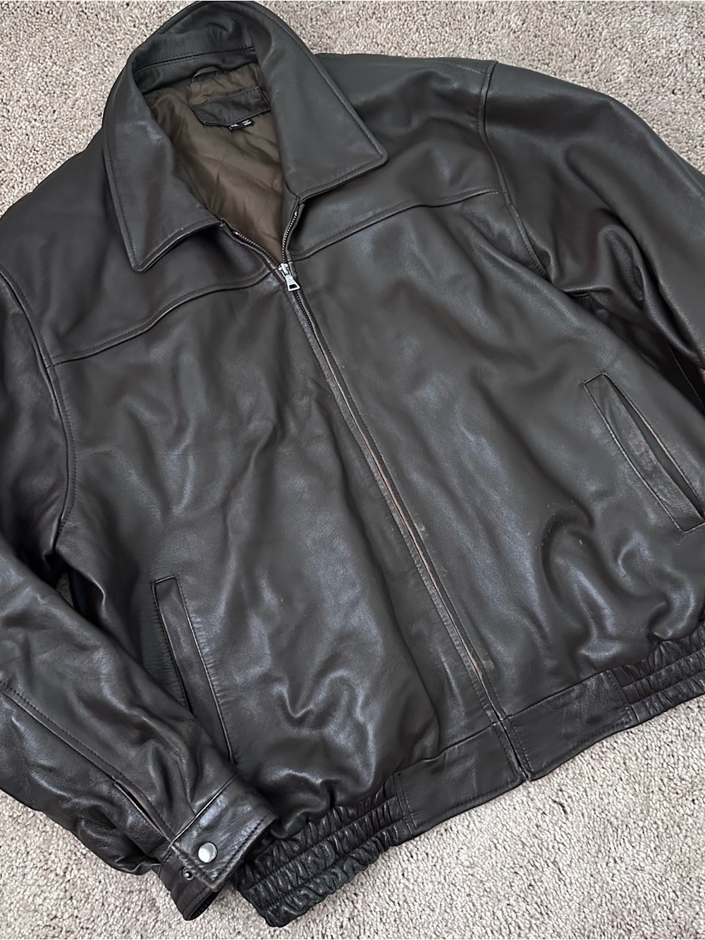 Men’s 2XL Dark Brown Genuine Leather Zip Up Bomber Jacket Lined